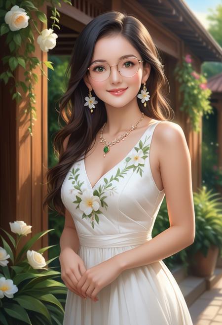 Outdoor portrait of a woman in a lush garden, wearing an elegant white dress adorned with delicate floral embellishments, paired with matching floral jewelry—a necklace and earrings. Her long black hair flows smoothly over her shoulder, complementing her radiant smile and warm expression. The background is softly blurred, featuring vibrant green foliage and a hint of wooden architectural elements, creating a serene and refined atmosphere. The lighting is natural and bright, accentuating her features and the intricate details of her attire in a cheerful and graceful scene.
realistic, dankw, glasses