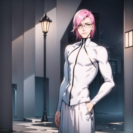 rtstation, best quality, masterpiece, ultra detailed illustration, <lora:Szayelaporro2:0.7>,  1man, slender, ((clean shaven)), Szayelaporro, pink hair, yellow eyes, thin lips, handsome attractive adult man, tall, glasses, solo, white turtleneck, white hakama, handsome, (perfect composition:1.4), deviantart hd, artstation hd, concept art, detailed face and body, detailed hands, backlight, 12k ultrarealistic, smiling,  wet, damp, wetness, puddles, raindrops, drops, splashes, water, wet pavement, reflections, neon lights, night, evening, darkness, streetlights, lampposts, buildings, city, urban, downtown, town, houses, windows, lights, bright, vibrant, colorful, highres