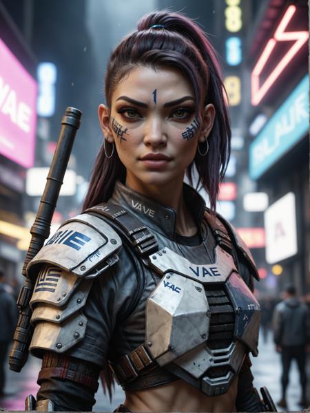 a cyberpunk woman  holding a "VAE" Flagg, detailed photo, detailed, realistic, 8k uhd, high quality