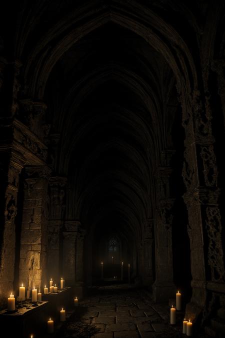 A dark gothic crypt lit only by flickering candles, cracked stone coffins, hanging cobwebs, old bone remains, ancient symbols carved into the walls, damp moss, glowing eyes from the shadows, medieval horror atmosphere, hyper-detailed lighting, moody realism
