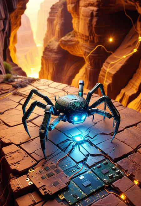 a spider-like inspection drone crawling across a glowing server canyon, legs articulated with etched flex cables, lens-eye scanning along voltage paths like veins, tiny fans spinning beneath its chassis, trailing a filament of diagnostic code, pcb_style