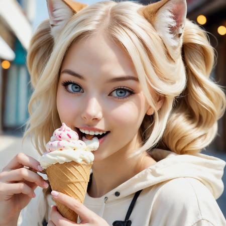 photograph of beautiful blond earless neko woman eating icecream, no ears,