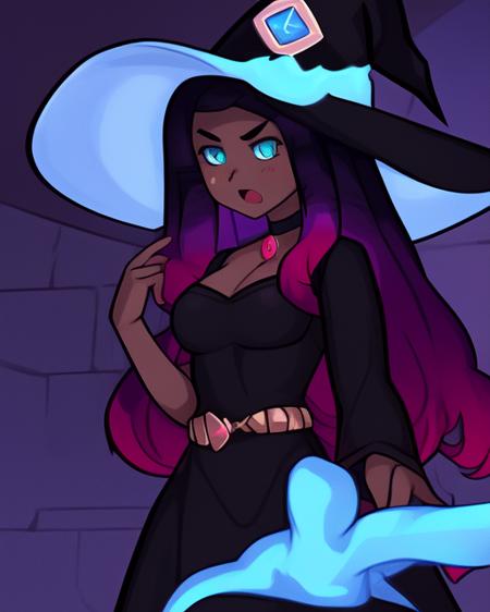 <lora:Bumblesteak:1>
1girl, solo, witch, dark-skinned female, blue eyes, multicolored hair, long hair, black dress, wizard hat, choker