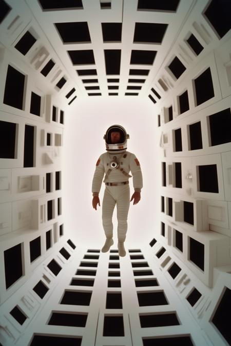 <lora:Director Stanley Kubrick style:1>Director Stanley Kubrick style - A -themed still, an astronaut floating in the vastness of space while reaching out towards a monolithic structure, projecting a mood of cosmic mystery, existential fear, and scientific awe, Photography, shot on a Hasselblad 500C with a 80mm lens to replicate Kubrick's meticulous symmetry and deep focus,