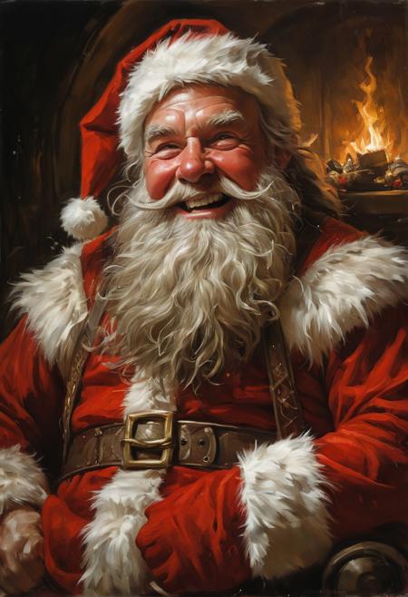 Laughing fantasy dwarf in Santa Claus costume, masterful painting in the style of Anders Zorn | Marco Mazzoni | Yuri Ivanovich, Todd McFarlane, oil on canvas