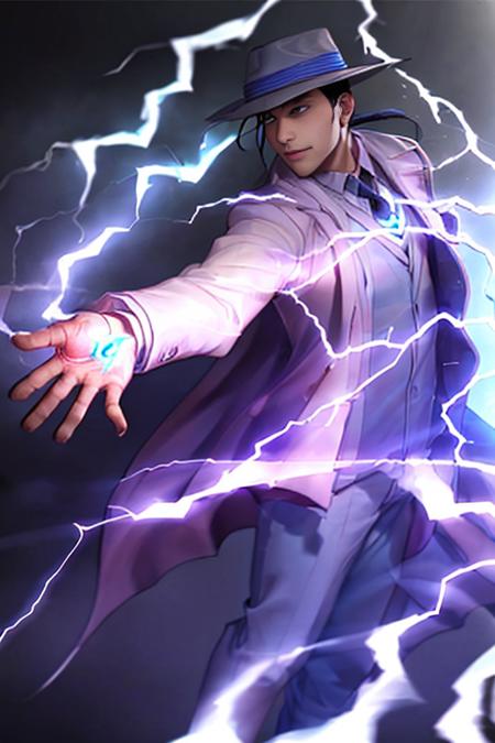 1boy,<lora:Chara_kimblee:1>, upper body, aura, blue_fire, electricity, energy, fire , hat, lightning,  necktie, outstretched_arm, outstretched_hand, pants, smoke,   white_headwear,