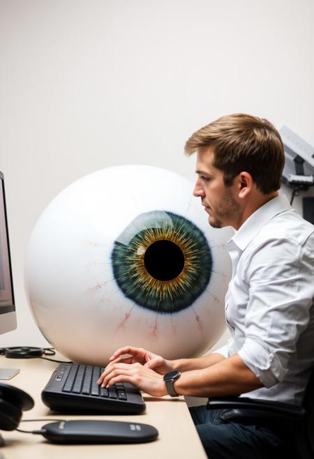 photo of a giant eyeball on desk in front of the man with typing on keyboard and looking at the eyeball sitting on chair, lean forward, looking serious