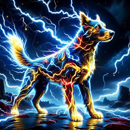 made of golden and blue and red and yellow and purple lightning thunder trails, lthndrtrl, A heroic canine figure, clad in a dynamic superhero suit that crackles with raw, visible thunder energy. The suit might feature bolts of lightning as accents, glow with an electric blue or white light, and even seem to hum with power. The dog's expression should convey determination and bravery, ready to unleash the power of the storm., surreal and intense, Masterpiece level quality, soft lighting, bright lighting, sharp focus, fine details, high quality, precise, high resolution, 4k, 8k,