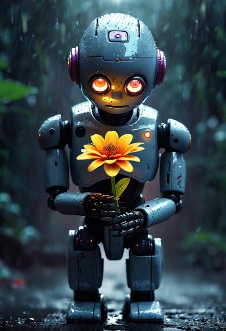 photo of sad tiny robot holding a glowing flower in hands, looking far, end of the world, apocalypse, dark fantasy, smooth, raining day, highly detailed, deep aesthetic, colorful, surreal, mystical, cinematic light, dynamic background, illuminated, symmetry, focus, , beautiful, intricate, elegant, complex, epic, extremely detail, professional, ambient, pristine, artistic