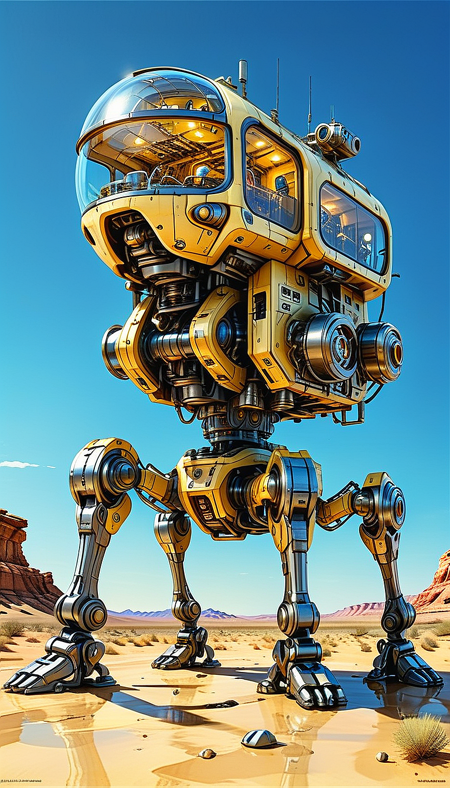 (cel-shading:2)+, (in ARTIST style:1.6), (masterpiece:1.7), hyperrealism, glossy, shinny,
clear image, accurate picture, clear picture, precise image, focused image, Science fiction style, Science fiction,
(glass and metal mecha with cozy comfy living space inside) on mechanical legs, mechanical hands, science fiction, aquarium on mechanical legs focus, night desert background, mecha, pale yellow,
comic style, (ultra sharp focus:2), (thin lines:2),
(best quality:1.8),
<lora:Apparatus_-_Traction_City_Walkers_Vehicles:0.8>,