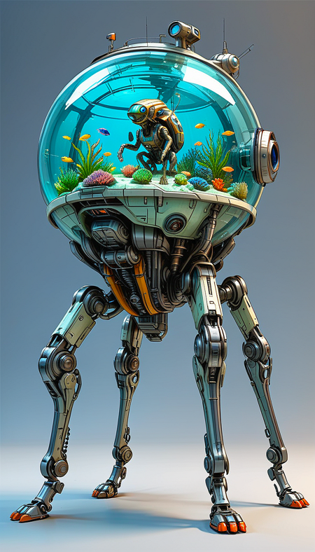 (cel-shading:2)+, (in ARTIST style:1.6), (masterpiece:1.7),
clear image, accurate picture, clear picture, precise image, focused image, Science fiction style, Science fiction,
(aquarium with alien) on mechanical legs, science fiction, aquarium on mechanical legs focus, simple background, mecha
comic style, (ultra sharp focus:2), (thin lines:2),
(best quality:1.8),
<lora:Apparatus_-_Traction_City_Walkers_Vehicles:0.8>,