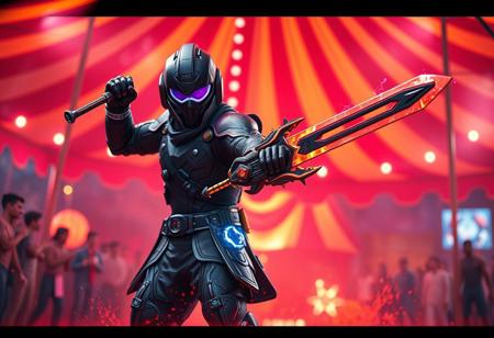 expert Intricate Dynamic action pose, Elemental HERO Liquid Soldier, holding Electro Blaster & Sword soul, black armor, mysterious helmet visor, standing confidently amidst vibrant red & orange striped circus tent, Trickstar Festival background, blurred spectator crowd, captivating lighting, intense focus, 4K, cinematic, trending on ArtstationHQ, CGSociety, Octane Render, Unreal Engine 5, Splash Ink Illustration, Impeccable Composition, Dynamic Action Pose, Harmonious Colors, Matte Painting, Creative Angle, Golden Ratio.