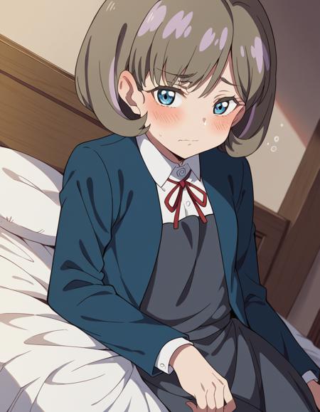 <lora:keke-tang-s2-ponyxl-lora-nochekaiser:1>, keke tang, short hair, blue eyes, grey hair, multicolored hair, streaked hair, shirt, dress, ribbon, school uniform, jacket, white shirt, open clothes, collared shirt, open jacket, red ribbon, neck ribbon, blue jacket, pinafore dress, grey dress, yuigaoka school uniform,