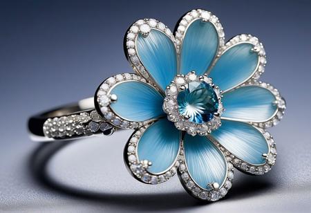 jewelry design, Anemone Aqua ring by Sicis, the delicate petals of an Anemone flower are perfectly captured in micro mosaic in this ring Set with aquamarine, sapphires and diamonds, White gold, Sophisticated, Ornate, Expensive, shot by canon eos R5, photorealistic, product view, Miki Asai Macro photography, close-up, hyper detailed, trending on artstation, sharp focus, studio photo, intricate details, highly detailed, by greg rutkowski