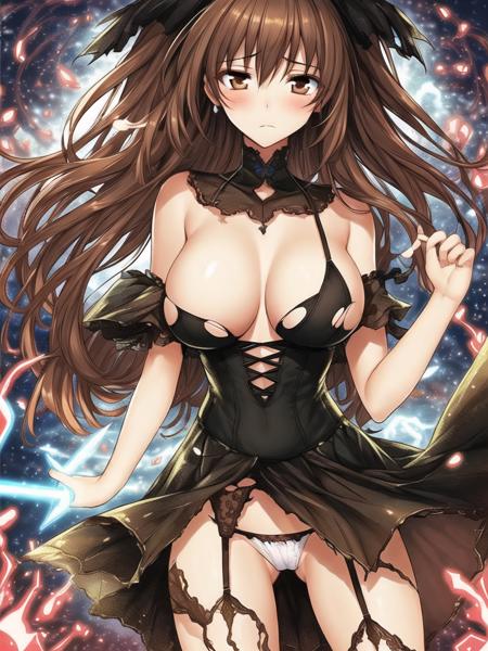 torn clothes, with brown hair and brown eyes, beautiful eyes, a melancholy expression that stirs affection, large breasts, dress, floating hair, light particles, glare, vivid,fancy, dreamlike, a dim atomshpere, stacia, garter belt, <lora:tearing_clothes_v2.1:0.5>