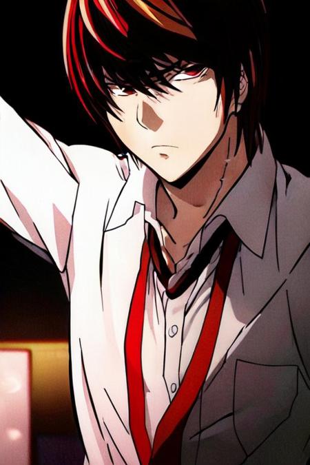 Yagami Light, medium-length brown hair with bangs, hazel eyes,  <lora:Light_30:0,6>
A dynamic (pose:1.3) of (Yagami Light:1.5) from the popular anime series (Death Note:1.2), captured in the midst of an (intense:1.1) and (strategic:1.1) moment. (Expressive:1.1) facial features reflecting his (intelligent:1.2) and (manipulative:1.1) nature, with (sharp eyes:1.3) and a (determined:1.1) expression. (Elegant:1.1) and (stylish:1.1) attire, complete with his (iconic:1.2) red tie, showcasing his (sophistication:1.1) and (charisma:1.1). Set against a (moody:1.1) and (dark:1.2) background, evoking the (mysterious:1.1) and (thrilling:1.1) atmosphere of the series. (Anime art style:1.3) with (vibrant colors:1.1), (bold lines:1.1), and (expert shading:1.1). Inspired by the artwork of (Takeshi Obata:1.3) and the (manga:1.2) illustrations.