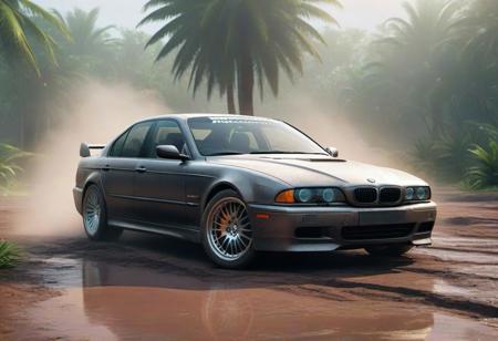 BMW e39 3, scratches, rainbow dust, fog, dirt, very beautiful, car on the island, by the fire, against the backdrop of a palm tree, the car is covered in mud and creaks, water on the ground, 3d rendering, cyberpunk, car with an American sports cars, street racing, perfect image, vibrations, game asset , symmetrical, tuner, modified car, wide body, tram, street racing, 4k, modding culture, photorealistic, high detail, game ready, other car racing, city life