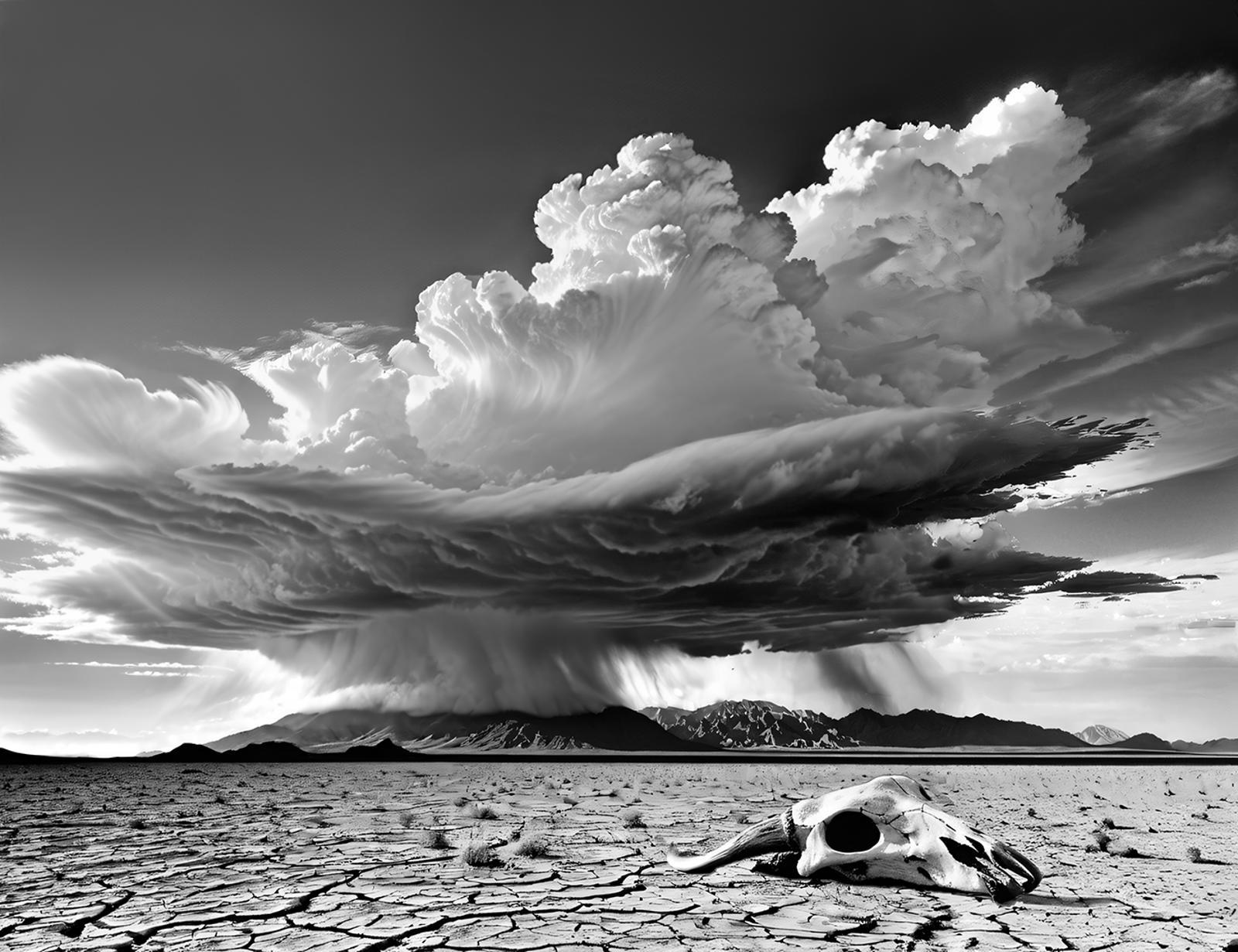 A Skull in the Desert Plains with a Storm Cloud Backdrop