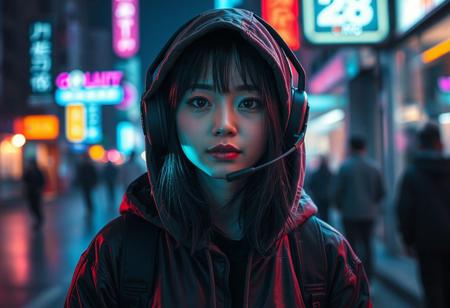 Half Asian female hacker. Aged 28. Cyberpunk clothing. Hi tech headset. Hoodie. Neon city at nite