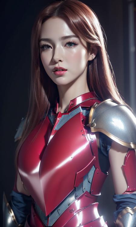 (masterpiece, best quality, extremely detailed 8k, ultra hd, ultra-detailed, highly detailed, highly realistic, photo realistic), (korean, 1girl:1.5), (1head:1.5), (beautiful realistic face, detailed realistic face), (caramel hair color, high detailed realistic hair, beautiful realistic hairstyle, long hair), (beautiful realistic eyes, high detailed realistic eyes, proportional eyes, high detailed pupils, blue eyes), (high detailed realistic natural eyebrows), ((high detailed realistic lips, beautiful realistic lips, pink lipsticks, light smile)), (high proportional realistic breasts, realistic medium breasts), slender abs, highly detailed skin, full body view, full body shot, (red sexy armor:1.5), (illustration background, cgi, cinematic, futuristic)