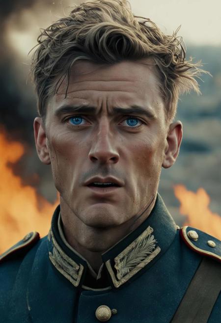 ultra realistic portrait of a soldier in world war one, messy hair style, blue eyes, wearing a formal and torn military uniform, (he is scarred and dirty:1.7), (a battlefield background in flames:1.3), (some soldiers in backgound), head down, crying, upset, sad, (facial expression of mixed fear and courage:1.4), Movie Still, Film Still, Cinematic, Cinematic Shot, Cinematic Lighting, Perfect Hands