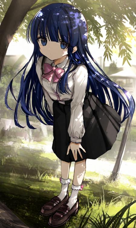 by narue, furude rika, 1girl, blouse, blue eyes, blue hair, bow, bowing, bowtie, frilled socks, frills, loafers, long hair, outdoors, pink bow, pink bowtie, shirt, shoes, socks, solo, summer, uniform, white shirt, white socks, <lora:sdxl - Char - Furude Rika - Bionagato>