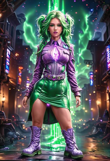 Mystic Lumina, solo, scifi, futuristic city, female, green hair, big hair, twin tail, hour glass figure, high detail, perfect face, 28 years old, fully dressed, night, censored, jacket, purple shirt, long skirt, white boots.