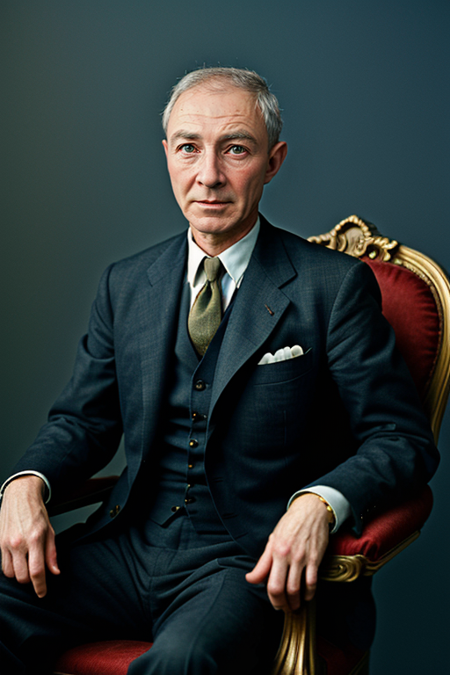 JRobertOppenheimer, photography by (David LaChappelle:1.3), seated on throne, King of France, modelshoot, pose, (closeup on upper body:1.3), Flemish masters, luxurious fabrics, silk, Versailles, French aristocracy, palace interior, 1782, large oil paintings on walls, portrait