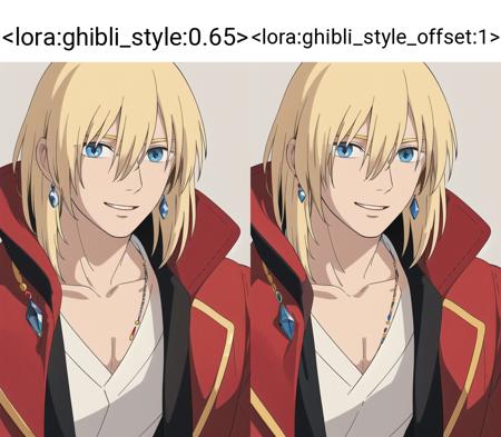 ghibli style, howl \(howl no ugoku shiro\), 1boy, bangs, blonde hair, blouse, blue eyes, coat, crystal earrings, earrings, hair between eyes, jewelry, long sleeves, looking at viewer, male focus, medium hair, necklace, parted lips, red coat, shirt, smile, solo, white background, white shirt , ((masterpiece)) <lora:ghibli_style:0.65>