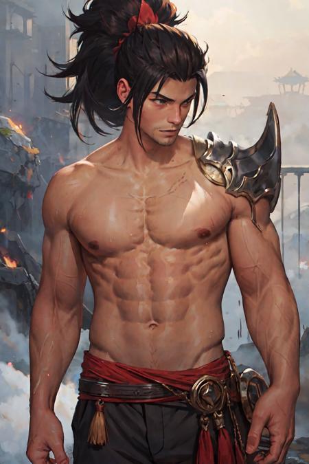 ys,1boy, pectorals, ponytail