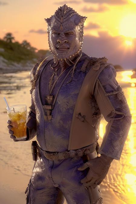 <lora:jmhdr_lora-10:0.8> jemhadar alien man with scaly skin and horned head and white plastic neck tube, ((half length shot)), standing on the beach holding a tropical drink, pleased expression, facing front, day time, palm trees, beach background, masterpiece, (masterpiece:1.2, best quality:1.2), (ultra detailed), (realistic), (high quality, highres:1.1, aesthetic), (photorealistic:1.4), (extremely intricate:1.2), (8k:1.27), (ultra highres:1.2), detailed background, masculine, depth of field, finely detailed, detailed eyes, (cinematic light:1.1), (photorealistic:1.2), realistic, dramatic light, high quality, dynamic angle, intricate details, hyper detail, extremely detailed CG unity 8k wallpaper, (male:1.8), wearing floral Hawaiian shirt and swim trunks, high quality