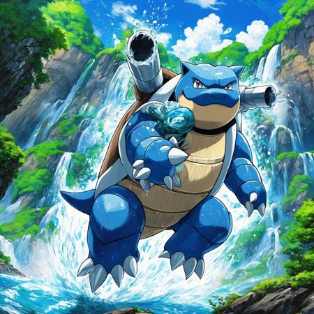 (anime style:1.25), photo of full body shot of solo blastoise, beautiful waterfall. lake and forest in background, anime pokemon, HD, masterpiece, best quality, hyper detailed, ultra detailed,