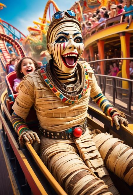 A hilarious and playful scene of an ((ancient mummy)) enjoying a thrilling roller coaster ride. The mummy, wrapped in tattered bandages, is shown grinning and holding on for dear life. The roller coaster is bright and colorful, with twisting tracks and loops that create a sense of excitement. The background shows a bustling amusement park, filled with screaming riders and various attractions, giving off an eerie yet entertaining atmosphere.