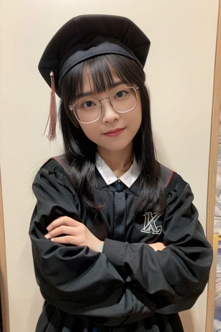 1girl, graduation cap and gown, glasses, upper body, highres, 8k, HDR, detailed face, look at viewer, masterpiece, best quaility, crossed arms,