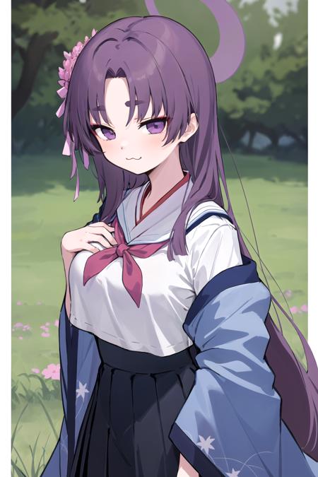 <lora:Yukari-20:1>
1girl, yukari, halo, hair ornament, very long hair,
serafuku, skirt, kimono, :3, hand on own chest, outdoors, grass