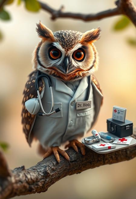 In a hyper-realistic image, an adorable little owl perches on a branch, wearing a miniature doctor's uniform that covers its body completely. The uniform is rendered in exquisite detail, with intricate stitching and creases that suggest a crisp, freshly laundered fabric. The owl's face is the only visible part of its body, with big, round eyes that are bright and curious. A miniature stethoscope is wrapped around the owl's neck, with the earpieces perfectly positioned to listen to a heartbeat. On the owl's chest, a tiny name tag reads "Dr. Hoo" in bold, black letters. Beside the owl, a small table is cluttered with various medical supplies, including a miniature thermometer, a blood pressure cuff, and a tiny first-aid kit. The surrounding environment is a cozy, natural setting, with soft, muted colors and a sense of peaceful tranquility. The branch the owl is perched on is rendered in precise detail, with intricate textures and patterns that suggest a living, breathing tree. Highest-Quality, 4k, intricate details, visually stunning, Masterpiece