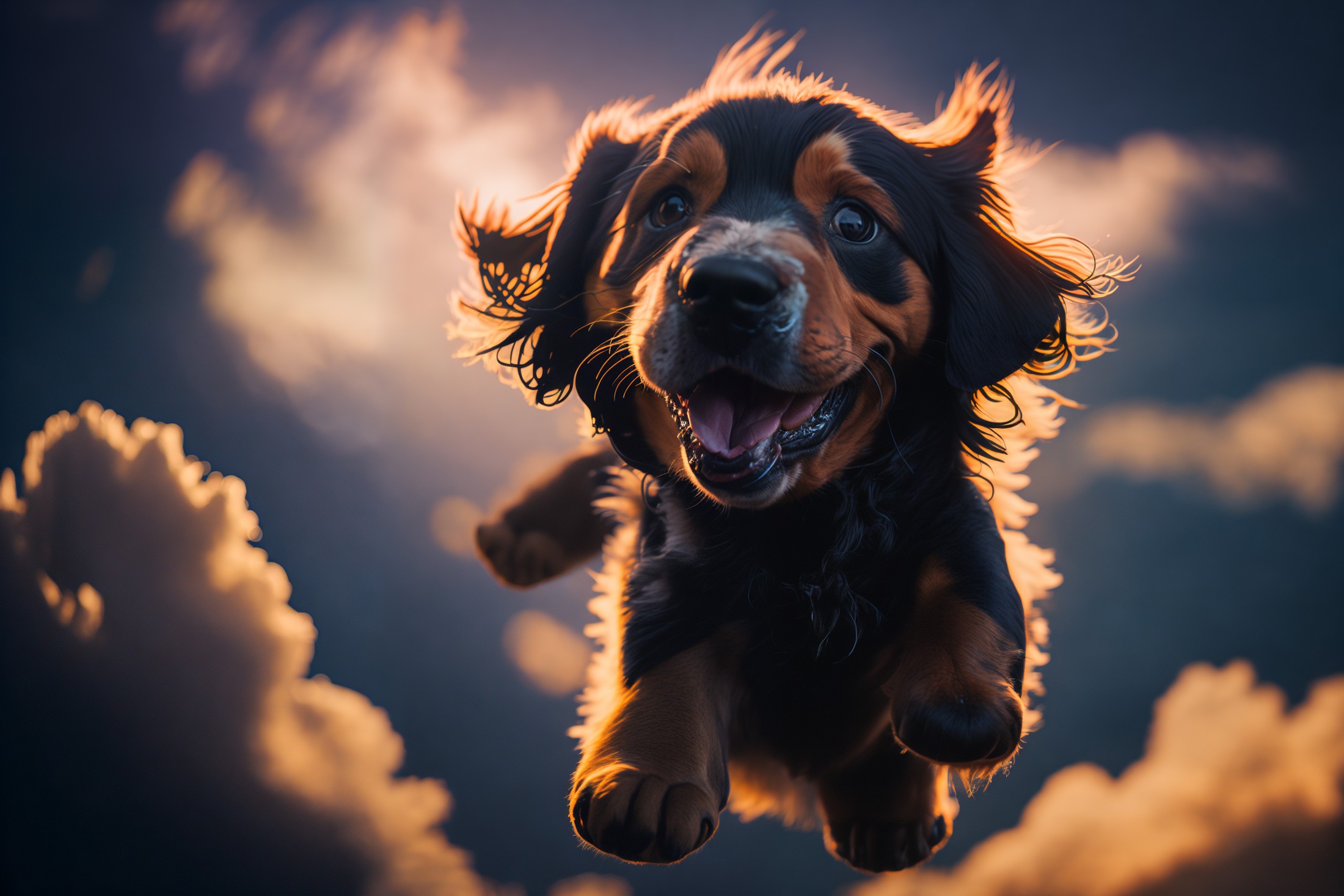 award winning portrait of a flying happy puppy in the clouds, bokeh, backlit