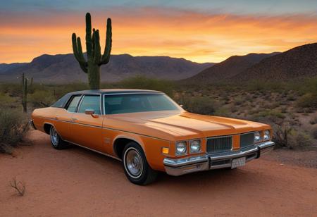 (1973 Oldsmobile Delta 88 Royale), Oldsmobile, orange sky, sky, outdoors, sunset, orange background, mountain, desert, gradient sky, yellow sky, cliff, cloud, rock, blue sky, tree, nature, evening, twilight, mountainous horizon, solo, grass, hill, day, horizon, orange theme, sand, sun, dusk, forest, cactus, motor vehicle, no humans,