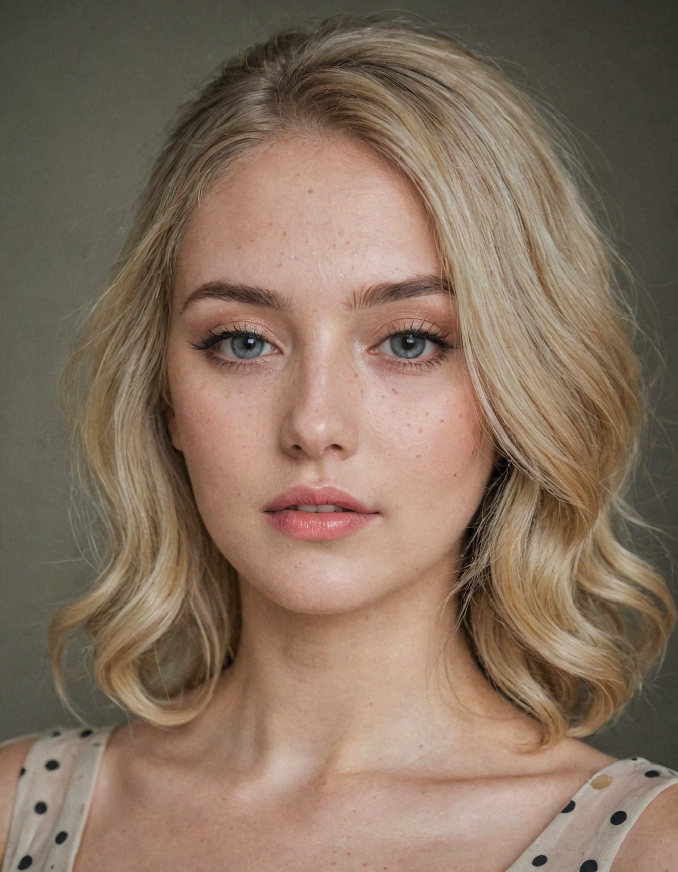 fashion photography of 23 y.o blonde woman, beautiful makeup, wearing dot dress, 35mm