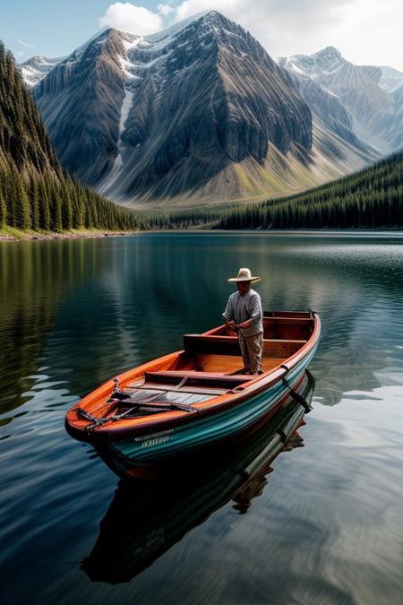masterpiece, best quality, ultra-detailed, realistic, 8k, RAW photo, distant-view, (fisherman fishing on small boat in the middle of the lake, small fish were flying on the water around the fisherman:1.37), award winning realistic photography, morning, a bit cloudy, scenery photography, perfect shadow, perfect natural lighting, rich colors, perfect composition, perfect colors, flawless complexion photo, perfect intricate detailed, lakes, surreal, lifelike, real life scenery photo, top quality, trending on artstation, meadows, glitter, prettiest landscape, all kinds of flowers, fantastic, stunning, outstanding, breathtaking beautiful nature photo, out-of-this-world scenery, perfect reflection on water, depth of field,