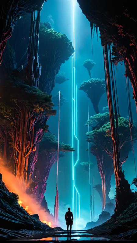 <(score_9,score_8_up,score_7_up,score_6_up,score_5_up,score_4_up):1.0>,
<(Amidst the shimmering darkness, strange cosmic structures loom, pulsating with vibrant energy. Neon hues crisscross in the sky, defying gravity as they intertwine in intricate networks. Ethereal liquid crystals cascade like waterfalls, forming mesmerising currents in the fluid expanse of the cosmos. Mythical creatures, both organic and mechanical in nature, engaged in celestial ballets. Tachisme elements emerge from the depths, splattering iridescent paints across the inky stage, leaving trails of audacious brushstrokes behind. Through the glistening veil, behold the convergence of science-fiction and fantastical elements in these intriguing mythical nightscapes):1.0>,
<(detailed matte painting, deep color, fantastical, intricate detail, splash screen, complementary colors, fantasy concept art, 8k resolution trending on Artstation Unreal Engine 5):0.9>
<lora:WildcardX-XL-Detail-Enhancer:0.8>
