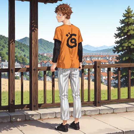 kazuyakinoshita,1boy,brown hair,short hair,blue eyes, t-shirt,orange shirt,short over long sleeves,black sleeves, pinstripe pants, realistic,