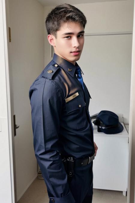 realistic, sfw, an attractive 18 years old fit caucasian boy standing, smug, full body shot, police uniform, <lora:andrescastellini_lora:0.7>, andrescastellini,
