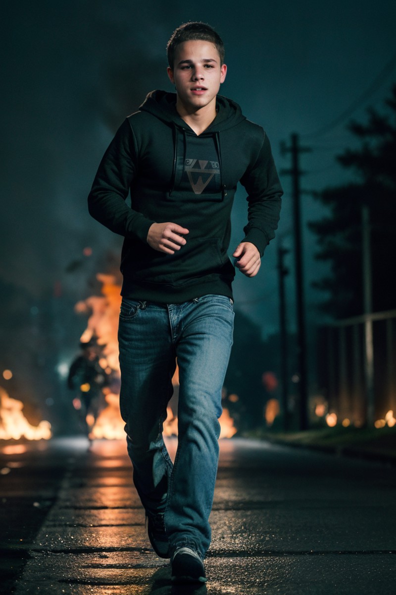 Photograph,22yo slim Man dg_ShawnPyfrom,as angry,running,wearing black hoodie jeans,riot fires background,anarchist,bokeh,...