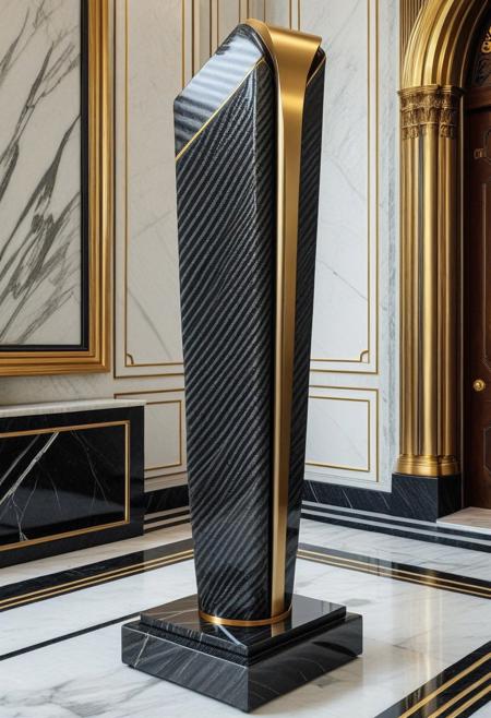 cf_style, carbon fiber modern art sculpture, gold trim, on marble pedestal, art deco, retro style, rich mansion interior, masterpiece, best quality, highly detailed, high resolution, absurdres