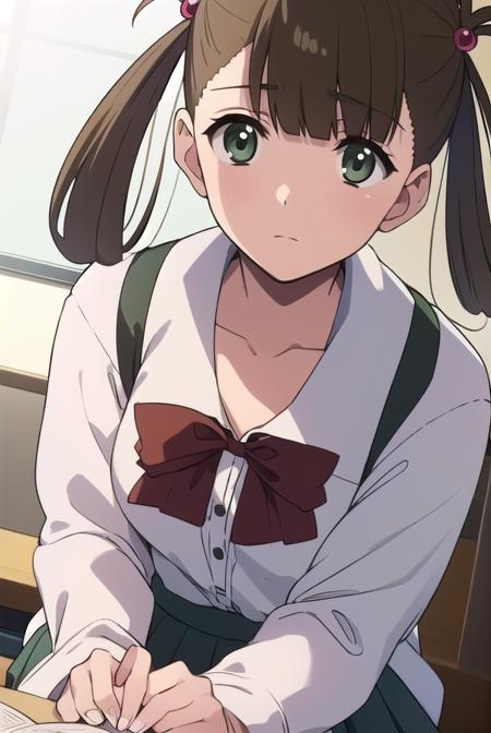 hikarikuroda, <lyco:hikarikuroda-lyco-nochekaiser:1>,
hikari kuroda, bangs, (brown hair:1.5), hair ornament, twintails, (green eyes:1.5), hair bobbles, hair rings,
BREAK school uniform, long sleeves, bow, red bow,
BREAK looking at viewer,
BREAK indoors, classroom,
BREAK <lyco:GoodHands-beta2:1>, (masterpiece:1.2), best quality, high resolution, unity 8k wallpaper, (illustration:0.8), (beautiful detailed eyes:1.6), extremely detailed face, perfect lighting, extremely detailed CG, (perfect hands, perfect anatomy),