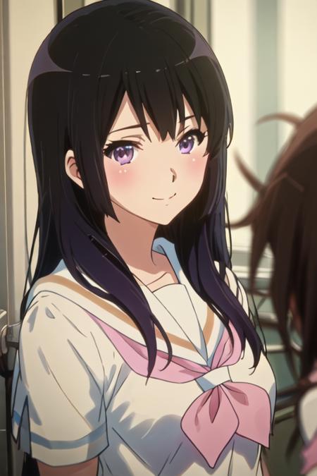 best quality, masterpiece, highres, solo, {kousaka_reina_soundeuphonium:1.15}, black_hair, long_hair, purple_eyes, blush, bangs, closed_mouth, serafuku, blurry, 1girl, brown_shirt, kitauji_high_school_uniform, looking_at_viewer, neckerchief, sailor_collar, school_uniform, shirt, white_sailor_collar, smile, red_neckerchief