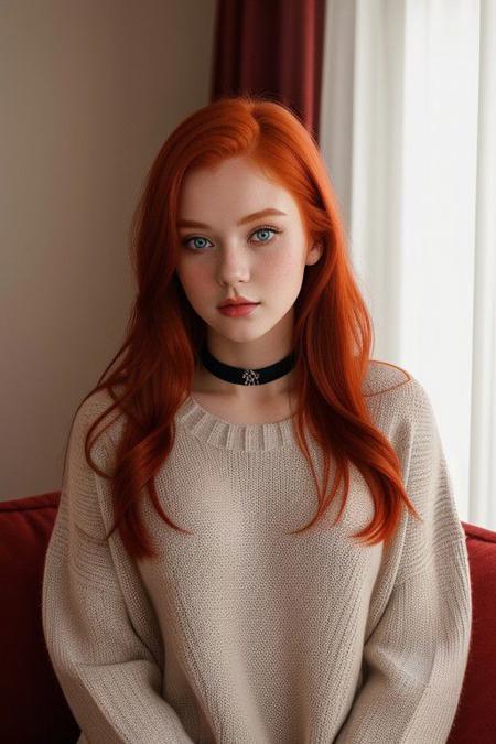 raw photo, photorealistic (18yo redhead girl:1.2), makeup, graphic eyeliner, rouge, (choker:0.9), realistic skin texture, oversize knit sweater, (red:0.8), softcore, warm lighting, cosy atmosphere, instagram style