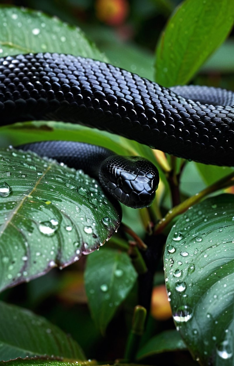25mm, black snake, drops of water on the petals, drops of water on the leaves, tilt shift, sharp focus, intricate details,...