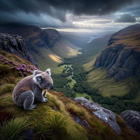 moody lighting,rugged beauty of the Scottish Highlands is a paradise for outdoor enthusiasts, with hiking, climbing, and wildlife watching,Koala,overhead angle,(highly detailed masterpiece Realistic extremely hyper aesthetic trending on artstation),ethereal fantasy concept art magnificent celestial ethereal painterly epic majestic magical fantasy art cover art dreamy,Nikon d3300,Hyperrealistic art Extremely high-resolution details photographic realism pushed to extreme fine texture incredibly lifelike